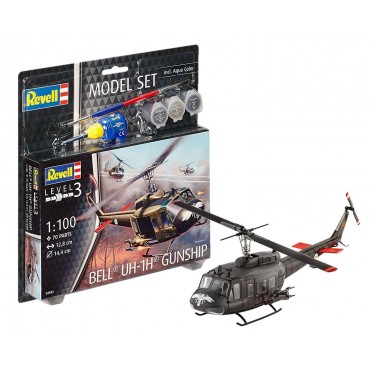 KIT PARA MONTAR REVELL MODEL SET HELICÓPTERO BELL UH-1H GUNSHIP 1/100 70 PEÇAS COMPLETO COM TINTAS COLA E PINCEL REV 64983